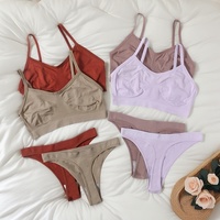 Women Seamless Bra Set High Cut Thong Panties Female Sexy Lingerie Wire Free Brassiere Unlined Comfort Sexy Underwear Set