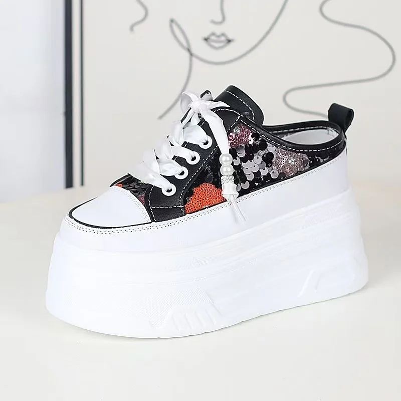 

New 12CM Air Mesh Synthetic Genuine Leather Fahion Slippers Chunky Sneakers Comfy Sandals Summer Bling Women Breathable Shoes