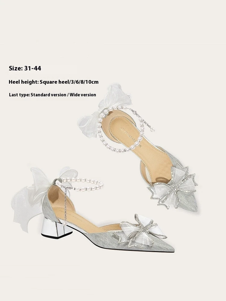 

Summer new pointed rhinestone sequin bow low-heeled wedding shoes thin high-heeled banquet large size small size women's sandals