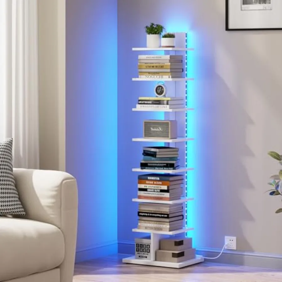 

Узкий книжный шкаф с LED-подсветкой, стеллаж для книг с подсветкой, угловой напольный стеллаж для небольших помещений, для гостиной, офиса, кабинета, прихожей BS
