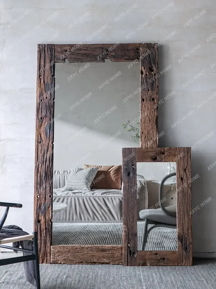 Dressing  Bedroom Floorr Home Full-Length Solid Wood Frame Retro Wall Vertical Full-Length Mirror