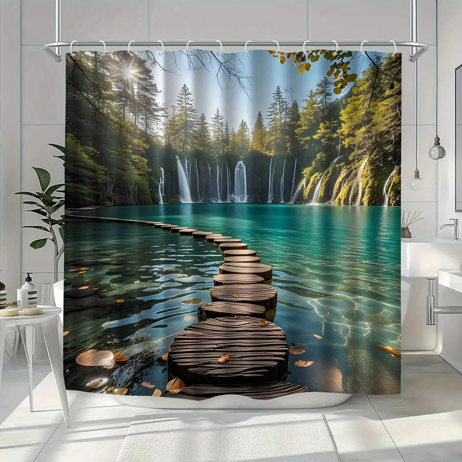 

Forest Waterfall Shower Curtain Wooden Path Lake Scene Nature Art Calm Wilderness Decor Waterproof Printed Bath Curtain Home