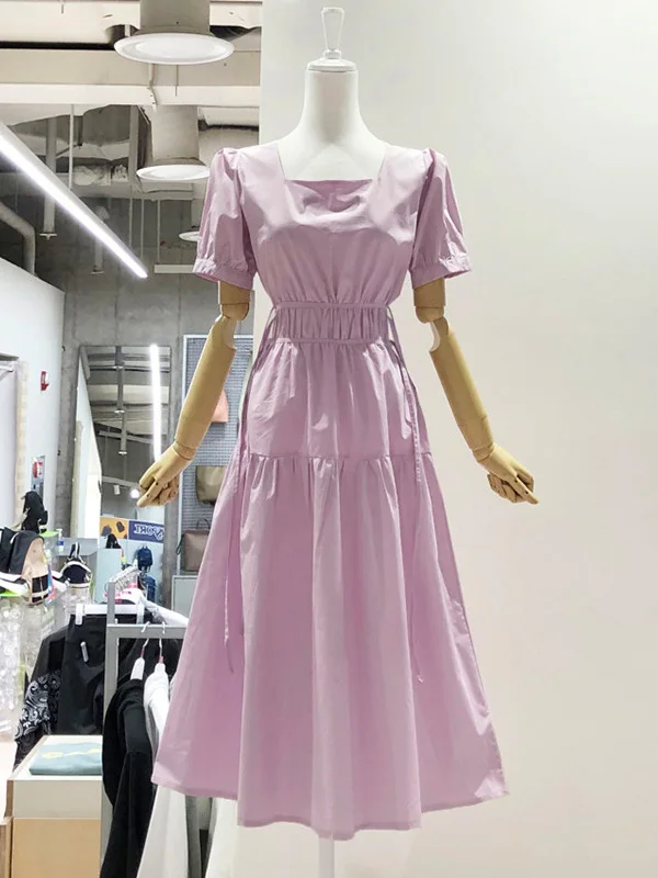 

Elegant High Waist Chrysanthemum Gentle Style Long Dress Women's Design Square Collar Dress Cotton Summer New Arrival