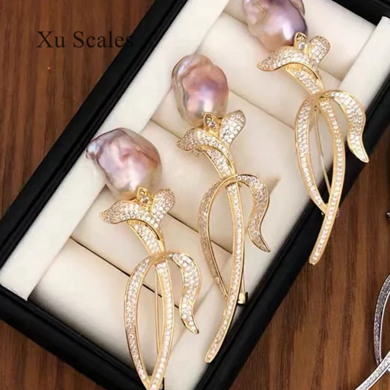 Tulip Flower Brooch Natural Freshwater Pearl Baroque Exquisite Brooch 14K Gold Filling Fashionable and High-end Women's Gift