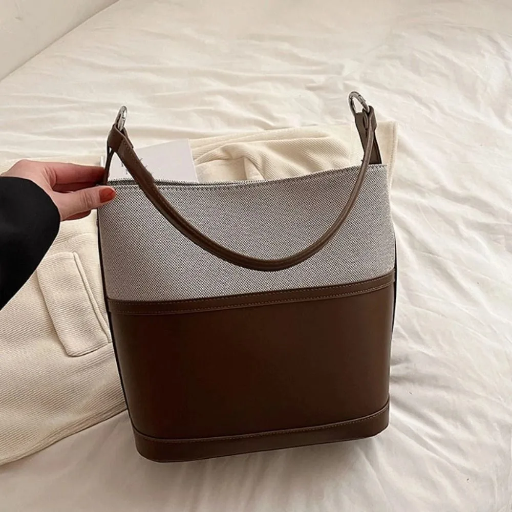 Модная лоскутная сумка на плечо из искусственной кожи в корейском стиле, большая вместительная сумка нового дизайна, повседневная женская сумка-ведро для девочек