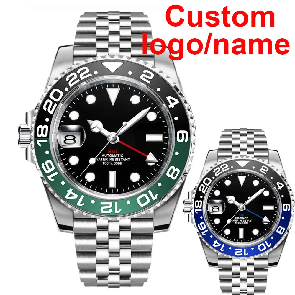 Custom Automatic Men\'s Watch Left GMT Jubilee Bracelet NH34 Rotating Bezel Aluminum Insert Sapphire Glass 9 o\'clock Crown 40mm