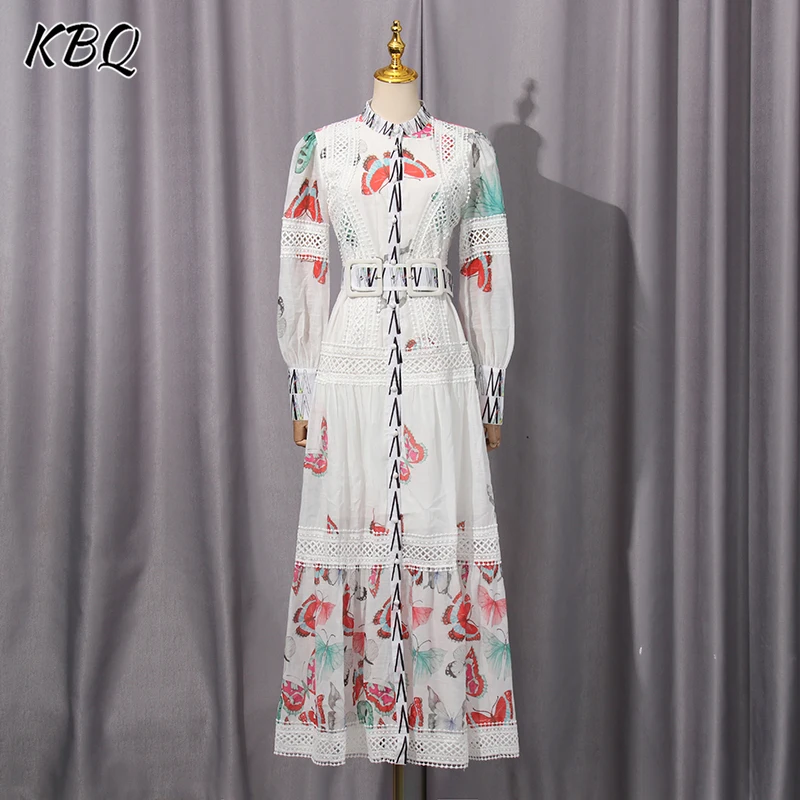 

KBQ Hit Color Print Slimming Maxi Dresses for Women Stand Collar Lantern Sleeve High Waist Spliced Sashes Sheer Dress Female New