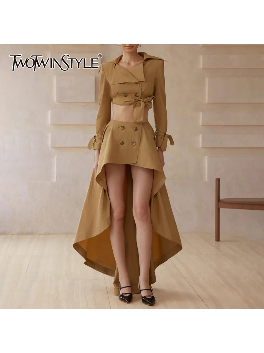 

TWOTWINSTYLE однотонные двубортные комплекты из двух предметов для женщин, короткий топ с длинными рукавами и лацканами, юбка с высокой талией, женский новый комплект