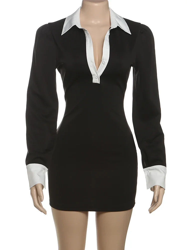 kliou Classic Office Women Mini Dresses Fashion Panelled Lapel V-neck Full Sleeve Body-shaping Vestidos Mujer Streetwear Frock