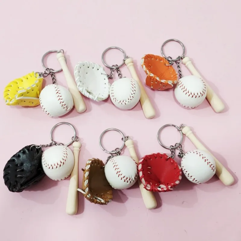 

1Pcs Fun Wooden Bat Keychain Mini Three-piece Baseball Glove Backpack Decoration Car KeyChain KeyRing Festival Party Small Gift