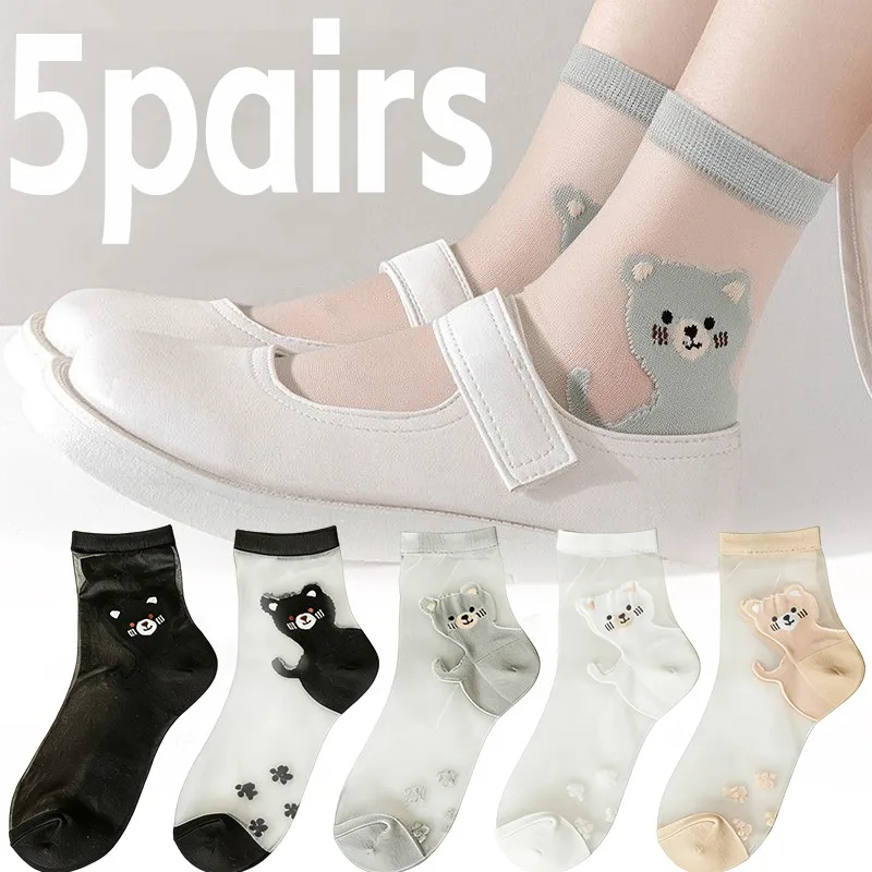 

Women Cute Bear Pattern Transparent Mid Tube Socks Spring Summer Ultra-thin Breathable Soft Casual Crew Socks for Female