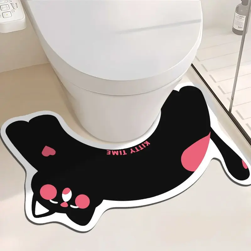 VIKAMA Lazy Little Black Cat U-Shaped Floor Mat, Non-Slip Bathroom Toilet Seat Mat, Cute Cat-Themed Rug, Home Decor
