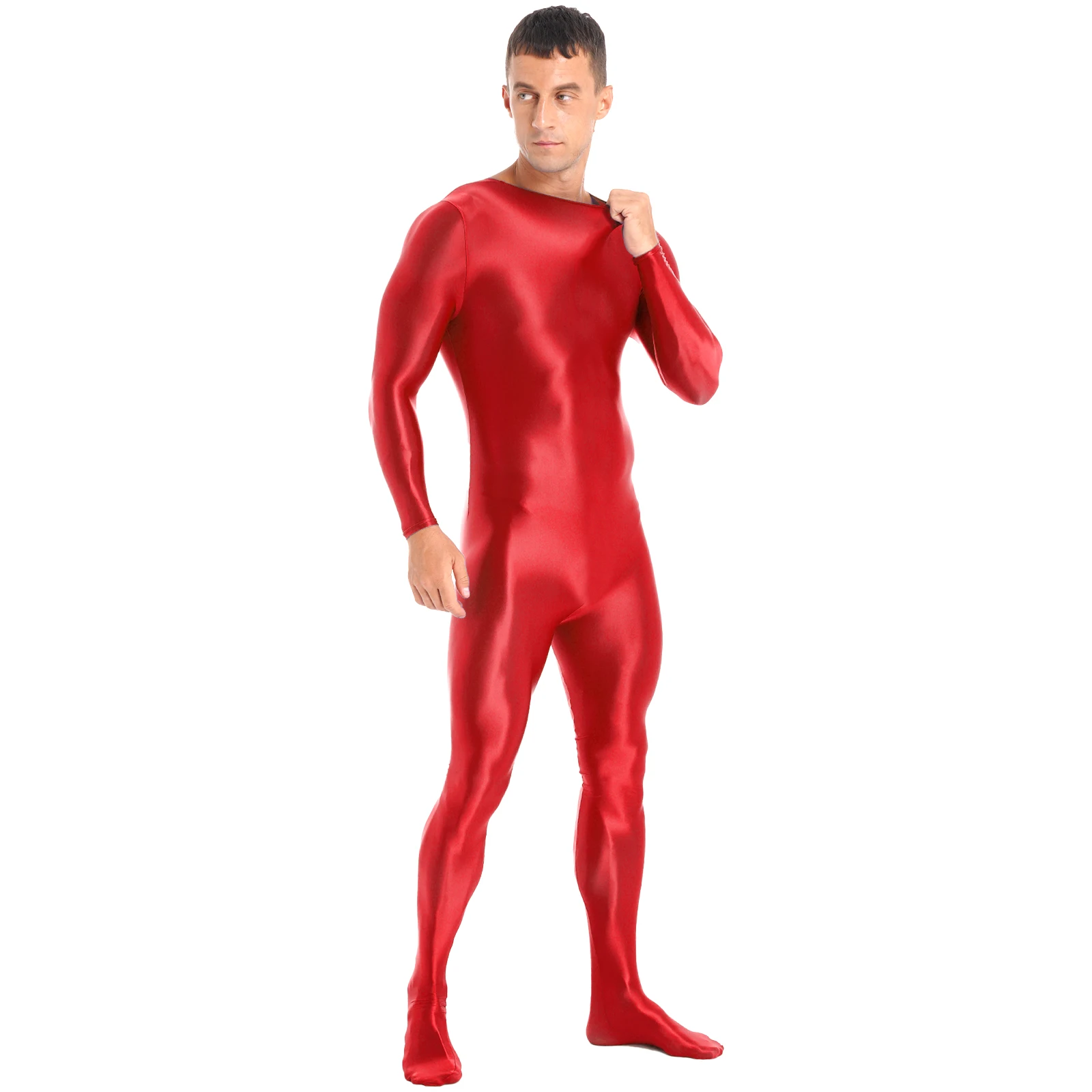 Mens Solid Color Swimming Bodysuit Swimwear Swimsuits Long Sleeve Back Zipper Glossy Bodystocking Jumpsuit Sportswear Nightwear