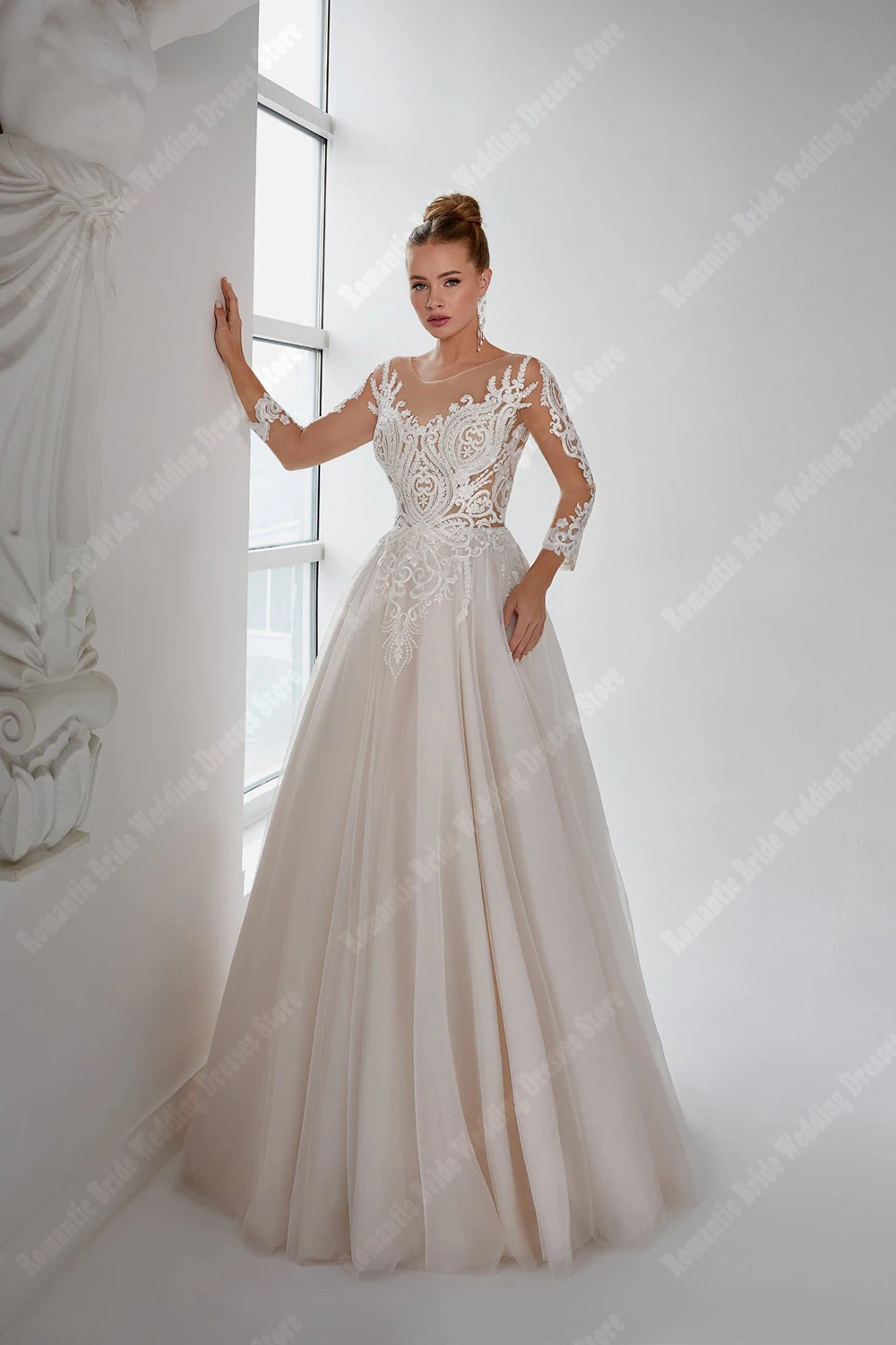 보헤미안 시어 A라인 여성 웨딩드레스 맞춤 제작 우아한 레이스 아플리케 긴팔 신부 드레스 롱 드레스 베스티도 데 노비아