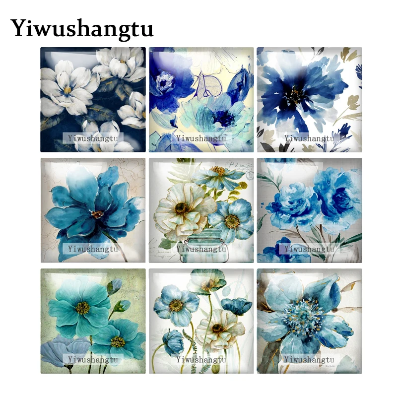 

Watercolor Blue lotus flowers Art paintings 12mm/20mm/25mm/30mm Square photo glass cabochon demo flat back Making findings