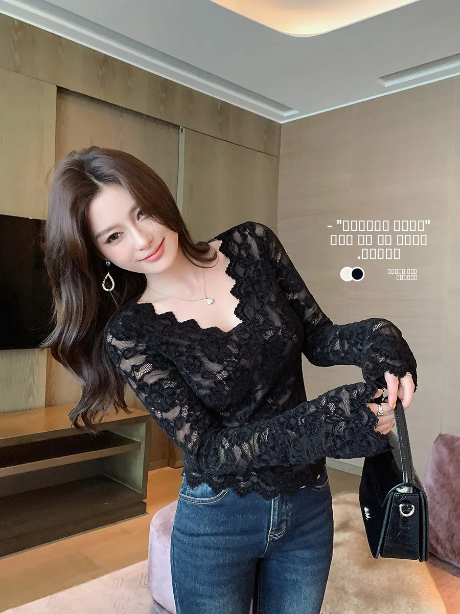 

Женская облегающая кружевная блузка Ms.Daoge с длинным рукавом, базовый топ для ношения под одеждой, высококачественная, теплая, с V-образным вырезом, для повседневной носки