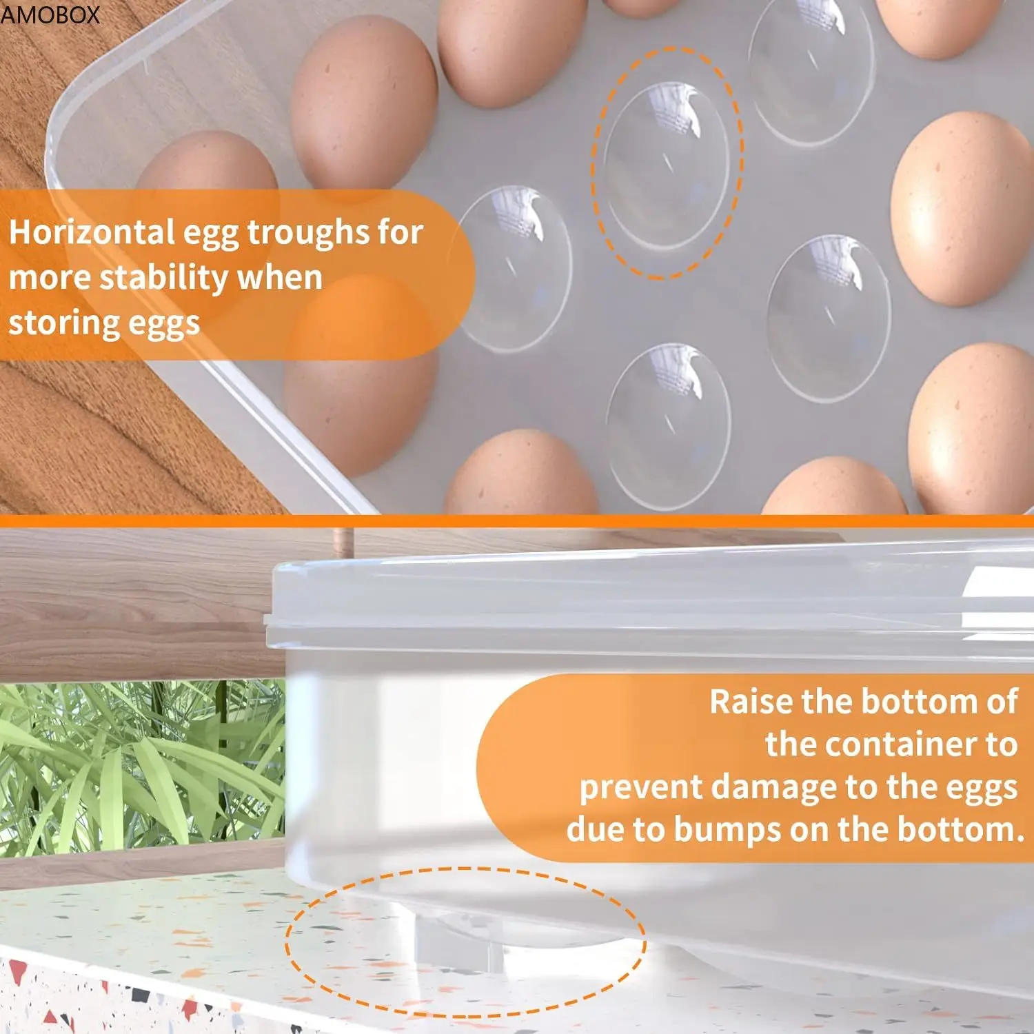 AMOBOX-Egg Container with Lid,Plastic Holder for Refrigerator, Clear Storage,Fridge Stackable Countertop, Portable, 24 Eggs