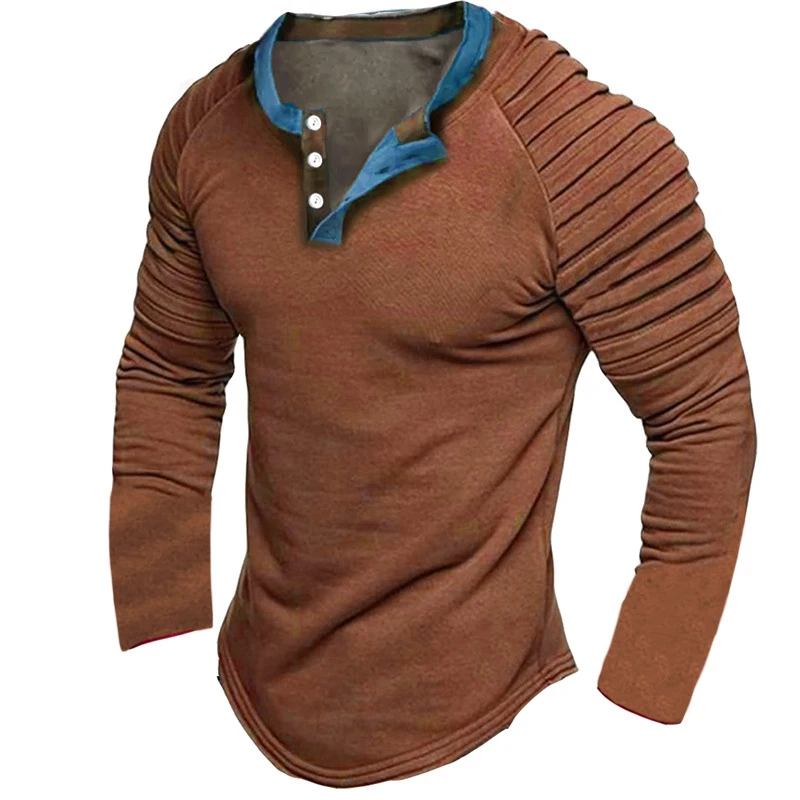 European and American Spring and Autumn Men's 3D Digital Printed Open Button Round Neck Casual Long Sleeved Men's T-shirt