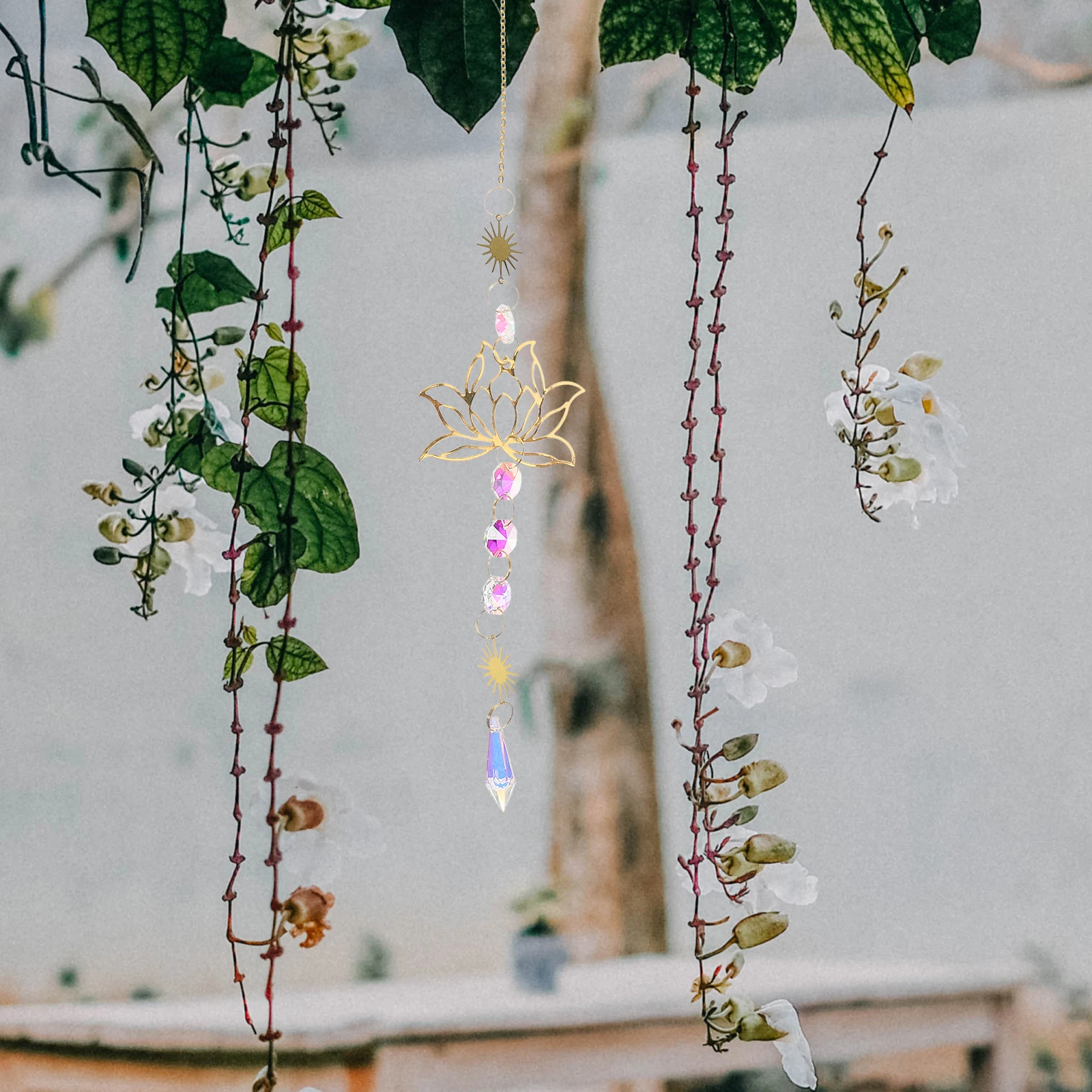

Golden Lotus Sun Catcher Crystal Hanging Decor Elegant Garden Patio Outdoor Indoor Window Ornament Sparkling Flower Prisms