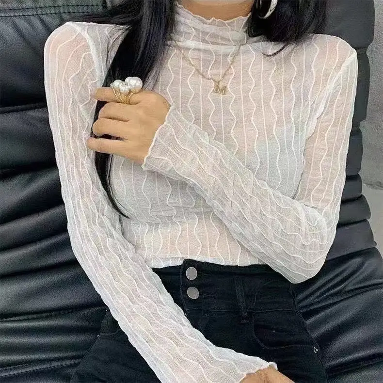 Lace Base Shirt Women's New Autumn High Collar T-Shirt Thin Long Sleeve Cover up Stylish Sexy Inner Wear Top Korean Style