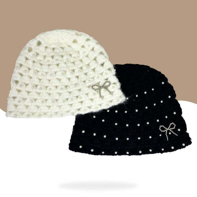 

Корейские элегантные вязаные шапочки с жемчугом для женщин на весну и осень, универсальная атмосфера для путешествий, милый пуловер, шапка