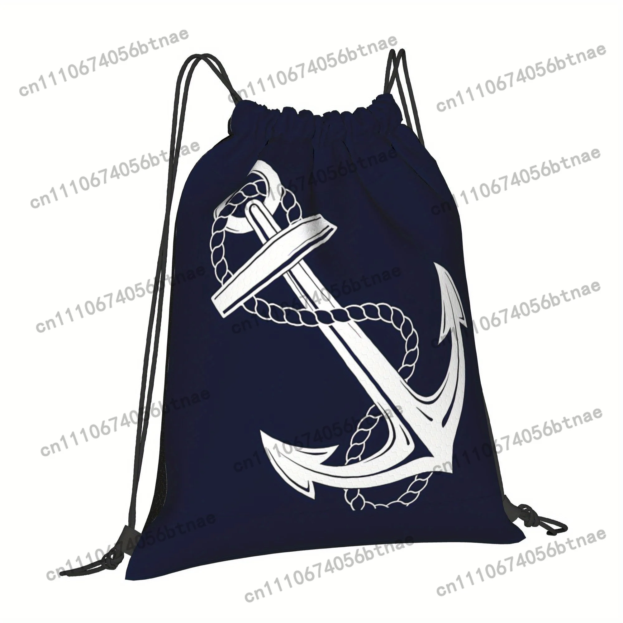 BIIHUDU Anchor Nautical Drawstring Backpack - White & Navy Cartoon Anchor Design, Durable Soft Shell with Practical Pockets & Ad