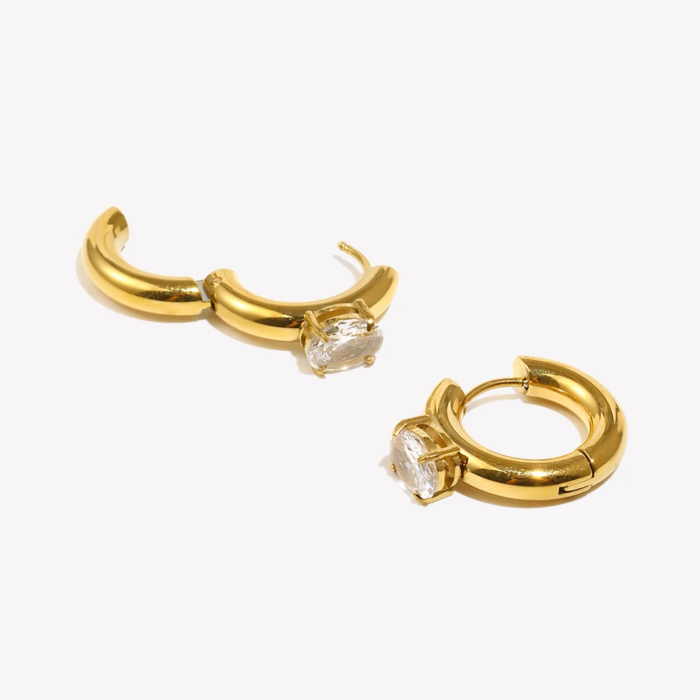 Classcial Thick Chunky Gold Plated Round Hoop Earrings For Woman Stainless Steel Waterproof Oval Zircon Crystal Earring
