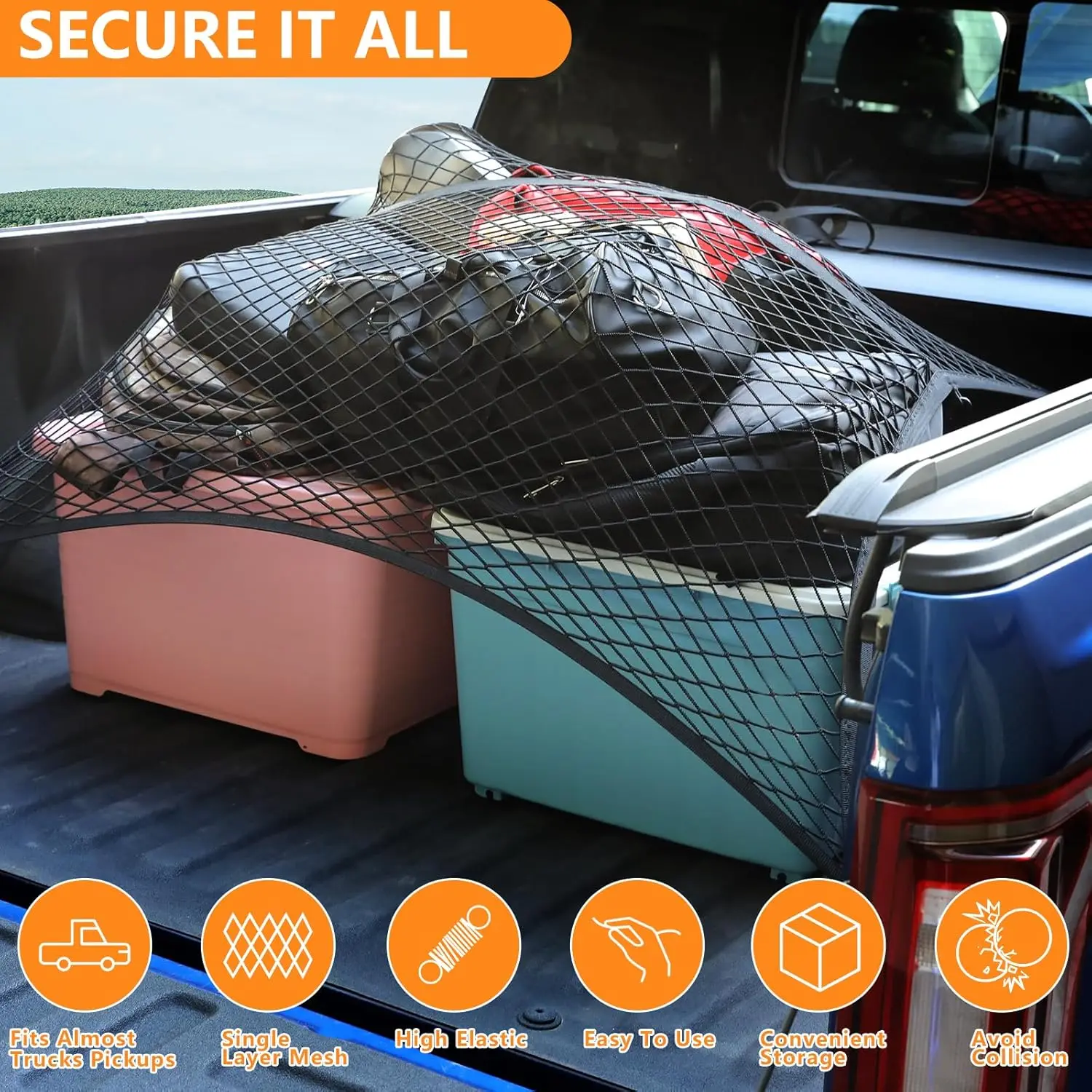 120X120cm Highly Elastic Cargo Net Stretchable Truck Bed Cargo Mesh Organizer Suitable for Pickup Daily Light Loads of Trucks
