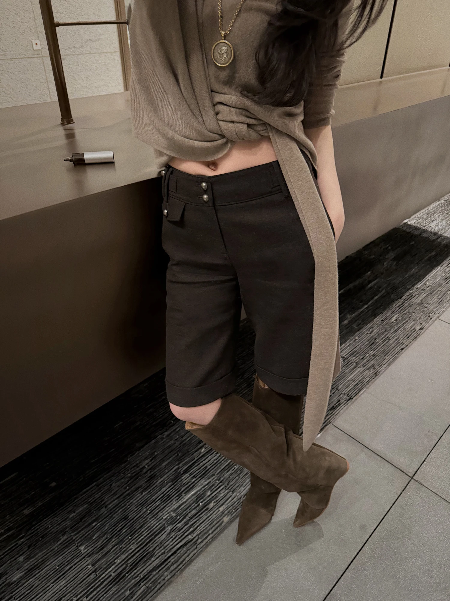 

Thiened Fce Lined Mixed Wool Straight Leg Cuffed Pants Sli Unique ASM ANNA Women's Faionable mid Waist Trousers