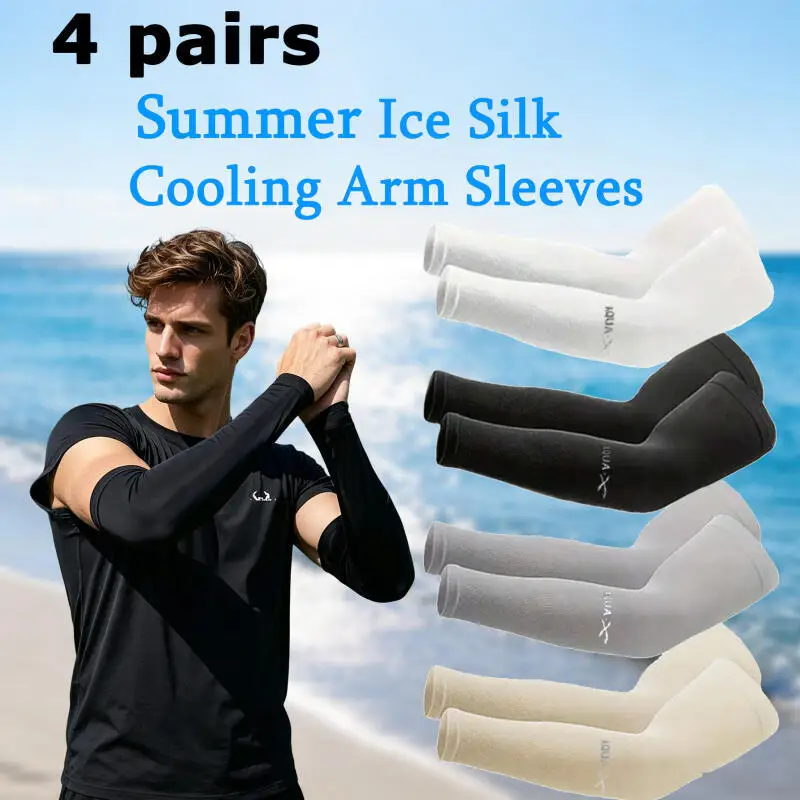 Image of 4 Paar Sommer-Sonnenschutz-Eisärmel für Sport, Radfahren, Fahren, UV-Schutz, elastische Armstulpen für Männer und Frauen