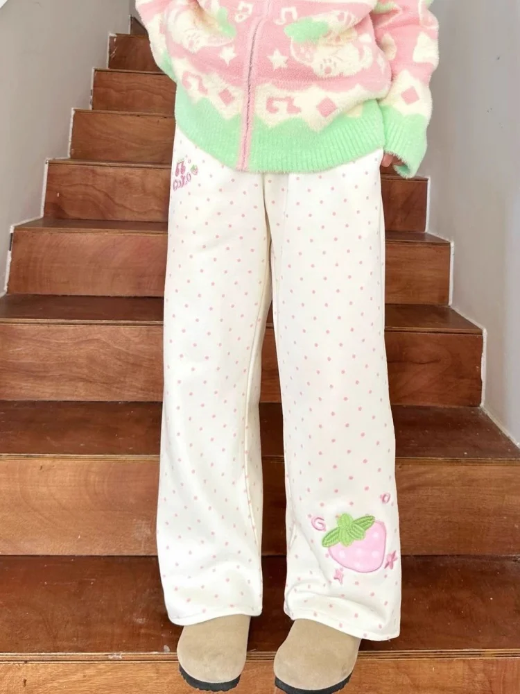 Kawaii Design Sweet Strawberry Embroidery High Elastic Waist Straight Swearpants Women Clothing Preppy Style Girl Pants Cutecore