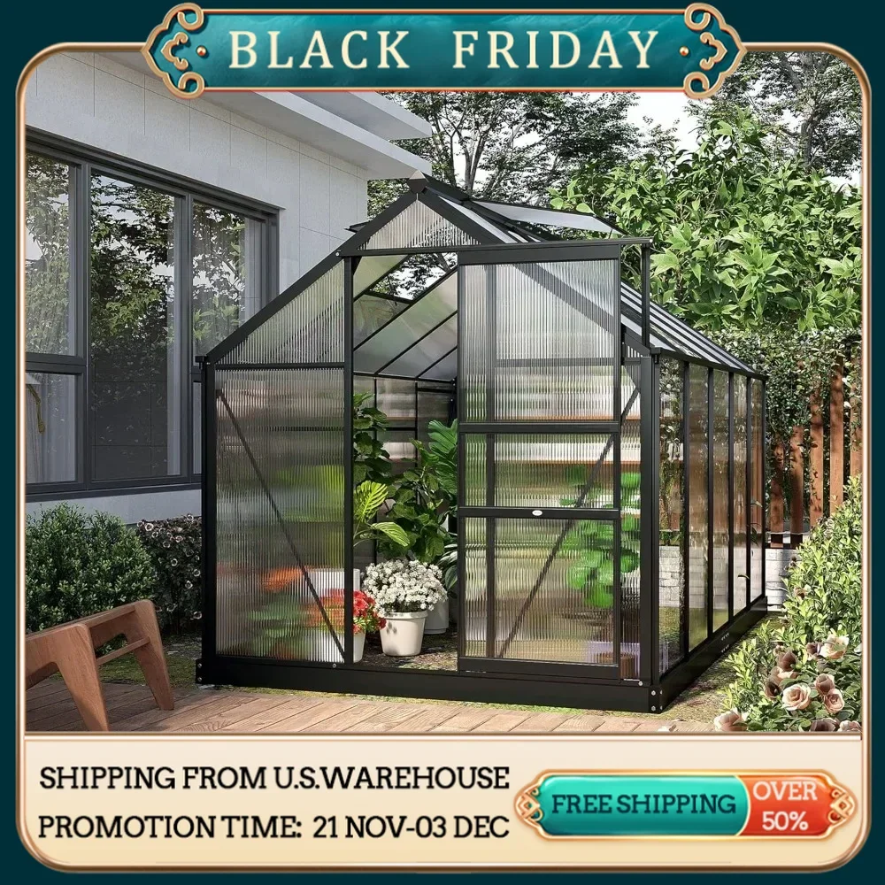 

Outdoor Greenhouse, 6x10x6.5 FT Polycarbonate Greenhouse with Rain Gutter and Roof Vent, Aluminum Walk-in Green Houses, Gray