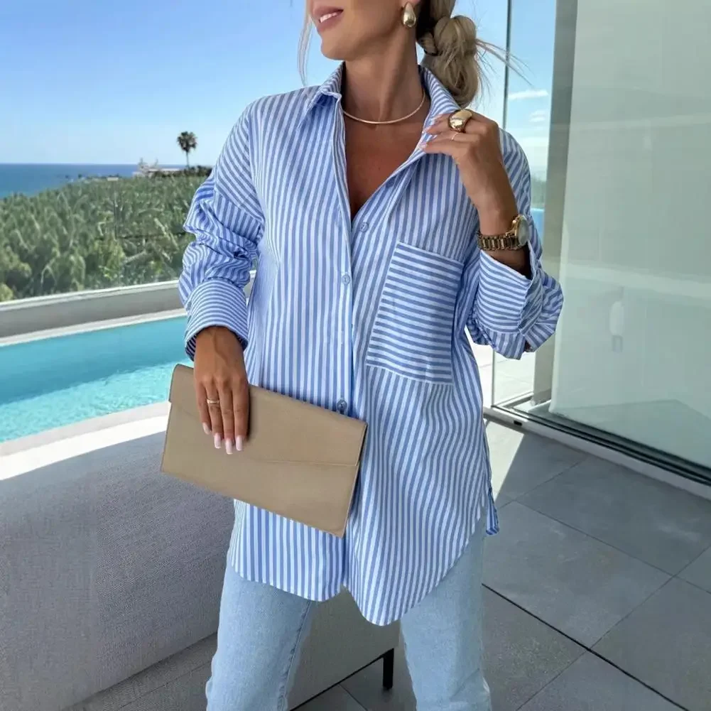 

Новая женская рубашка в полоску, куртка-рубашка с неровным подолом, свободный крой, с лацканами и длинными рукавами, полосатые блузки с принтом, пальто, женская рубашка-гардероб