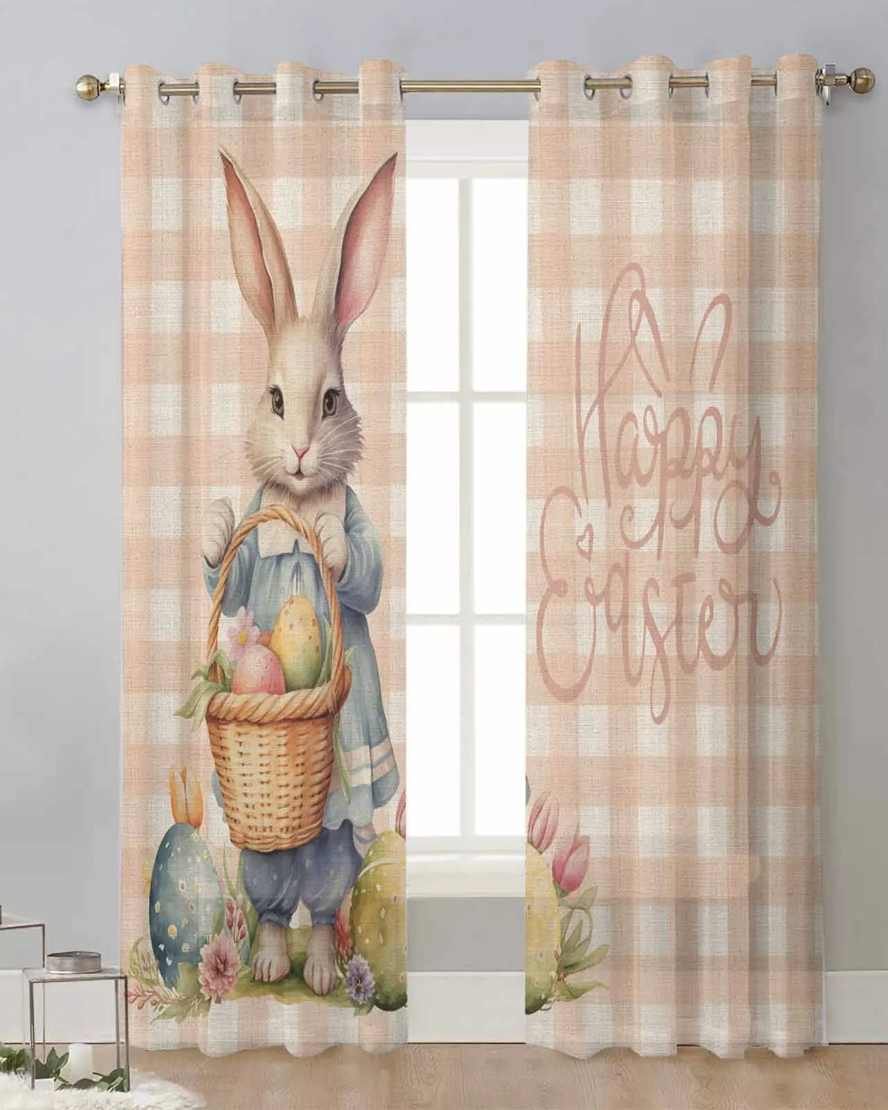 Easter Eggs Bunny Flower Plaid Sheer Tulle Curtain Children Bedroom Curtains Living Room Window Treatment Voile Drape