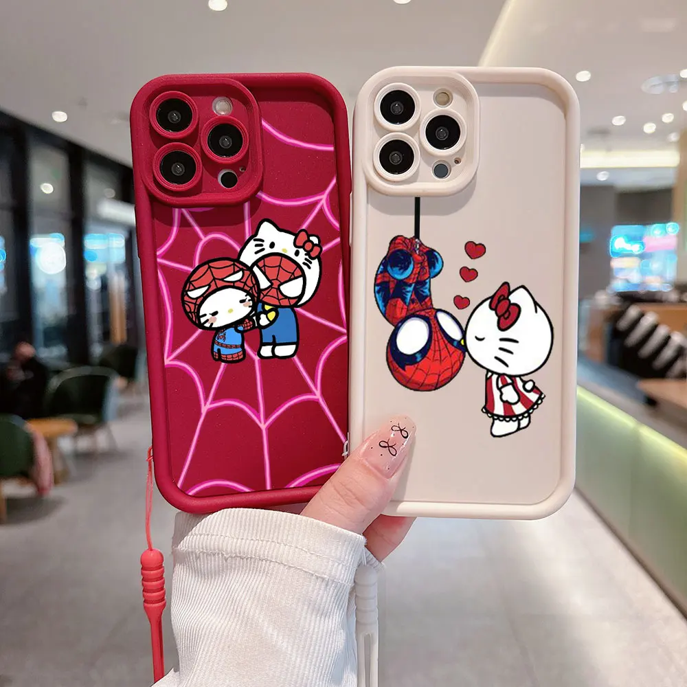 Spidermans Hellos Kittys Phone Case for IPhone 15 14 13 12 11 Pro Max Mini XR XS X 7 8 Plus Soft TPU Back Cover With Hand Strap