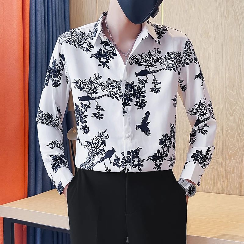 

Vintage Chinese Style White Black Printed Shirts for Men Spring Long Sleeve Slim Fit Casual Mens Tuxedo Shirt Social Streetwear