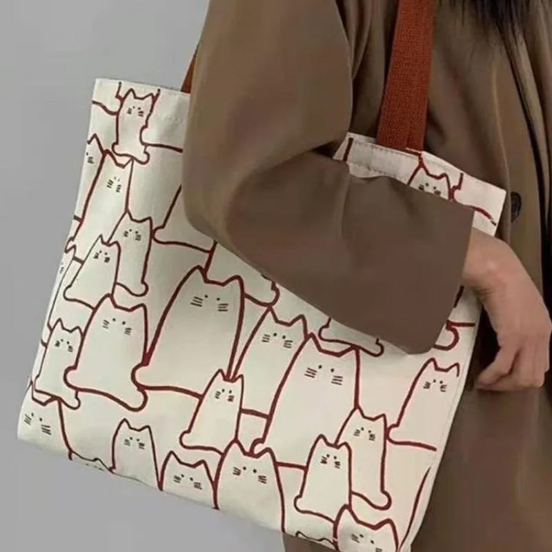 

Canvas Bags Handbag for Women Shopper Cute Cat Tote Bag with Zipper Designer Bag Japanese Style Cartoon Small Shoulder