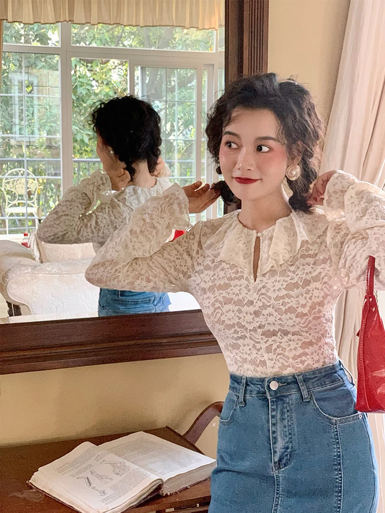 

Retro Doll Collar Lace Base Shirt Women's Autumn Winter Slim Long Sleeve Design Top Straight Tube Nylon Polyester Spandex Sol...