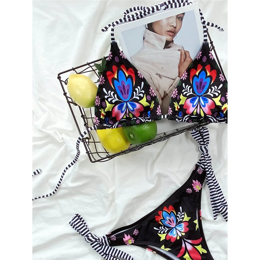 Brasilianische Damen-Bademode, Blumenmuster, Neckholder-Bikini, zweiteiliger Bikini-Set, Badeanzug, Damen-Badebekleidung, V3394 – Detail 11