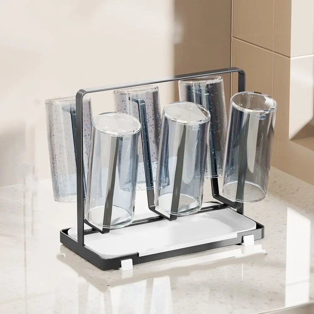 

Anti-slip Bottom 6 Glass Cups Stand Holder Stainless Steel with Tray Glass Cup Stand Space Saving Bottle Drainer Stand for Home