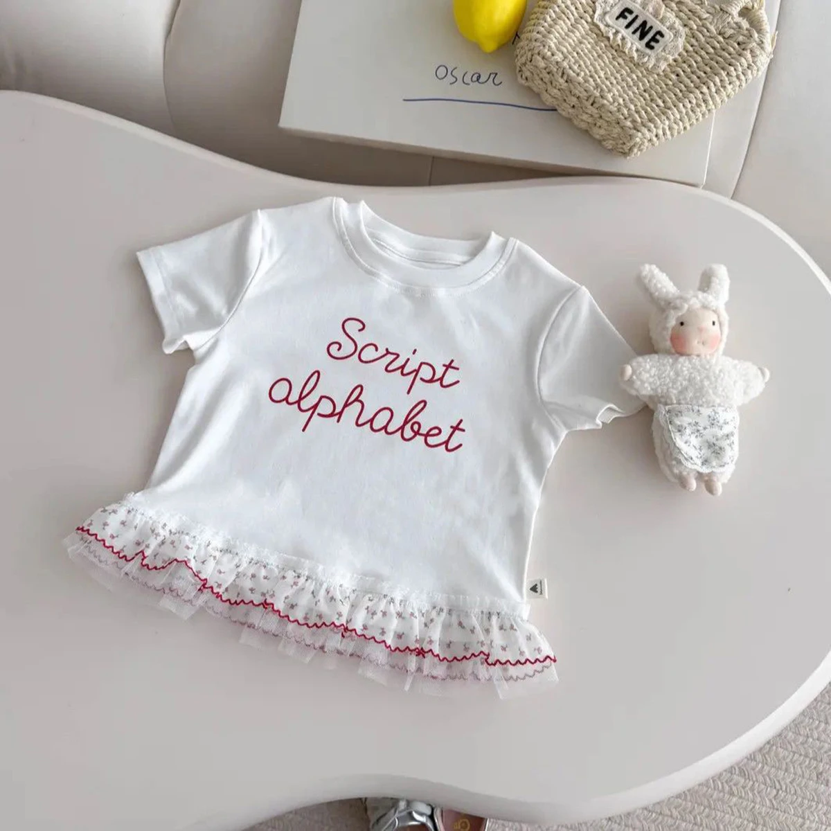 Fashion Girls' Short Sleeve T-shirt Summer Children's Letter O-neck Versatile Top Sweet Girls Mesh Lace Splicing T-shirts