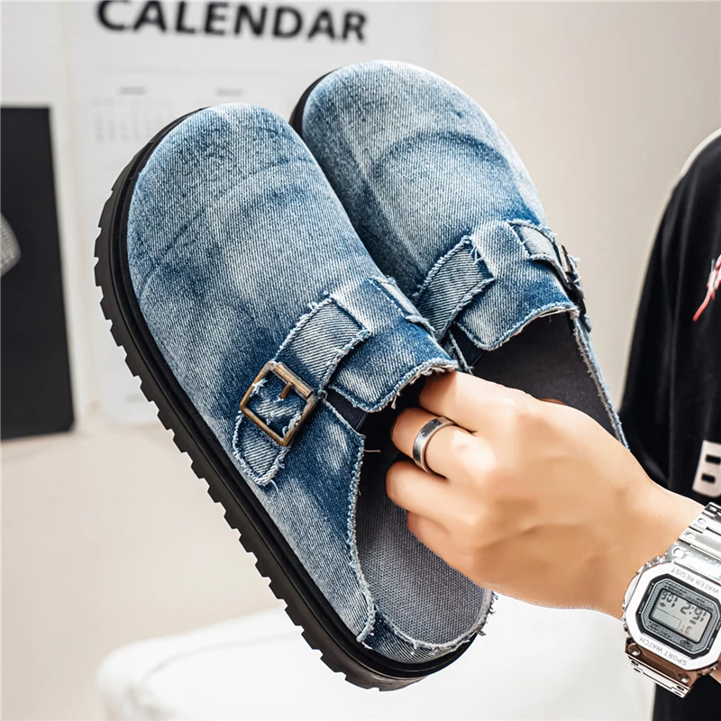

Outdoor Denim Men Casual Shoes Summer Half Slippers Platform Comfortable Loafers Breathable Walking Footwear Non-slip Work Shoes