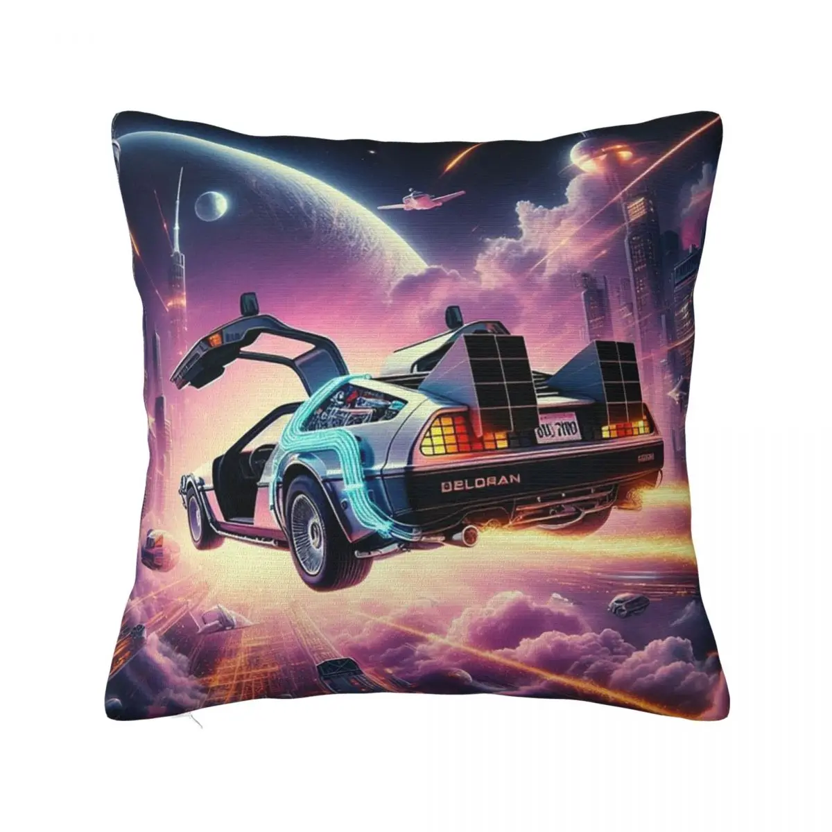 A Futuristic Delorean Flying Through Space Square Pillowcase Pillow Cover Polyester Cushion Comfort Throw Pillow for Home Car