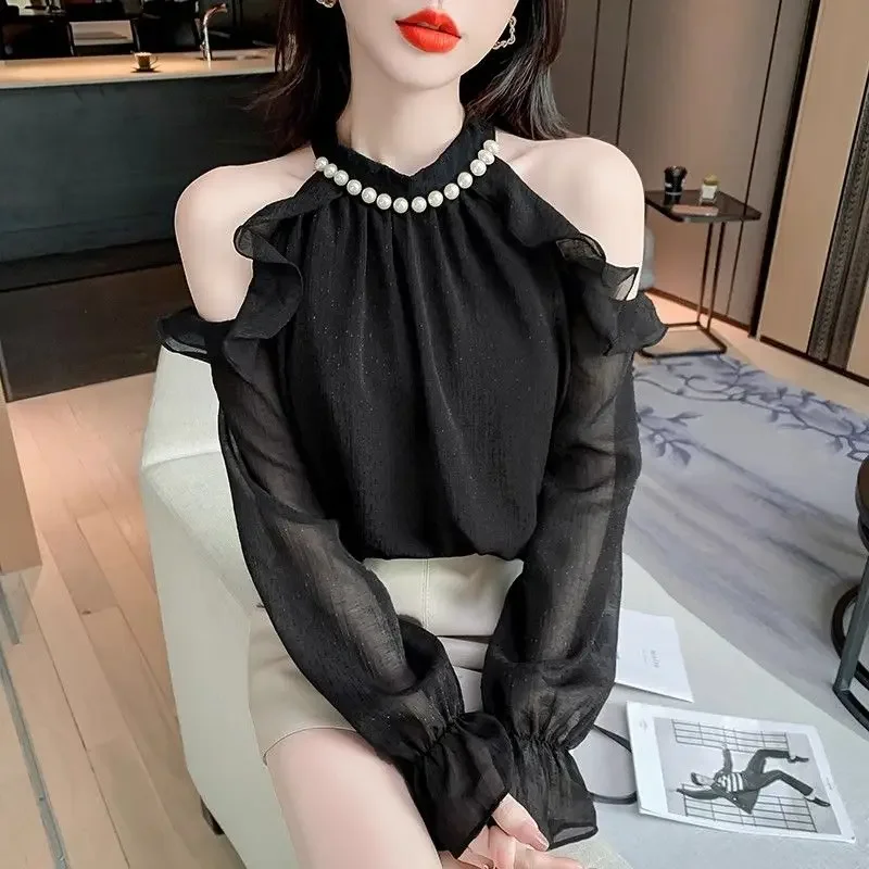 Bluzka damska z falbankami z francuskiego szyfonu, wiosenna, pikantna, z odkrytymi ramionami, typu halter, unikatowa.