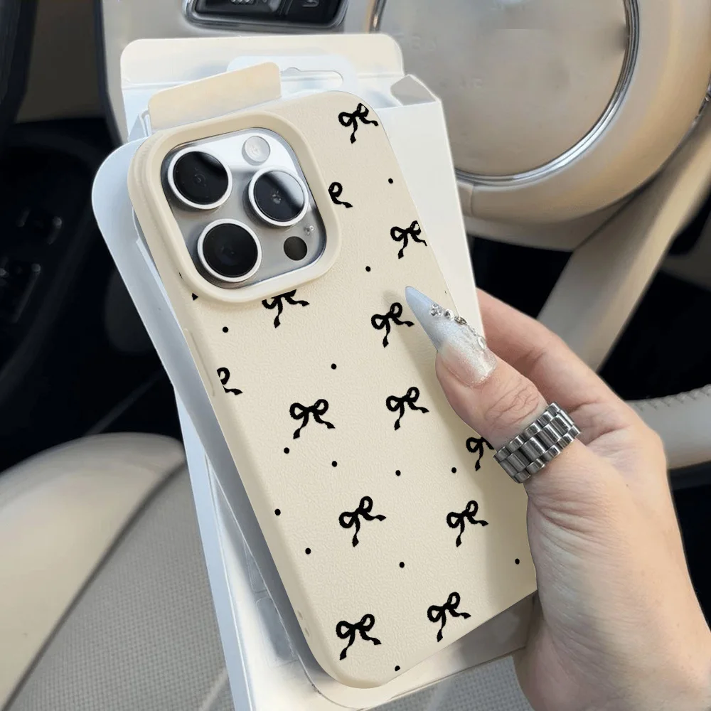 

Cute Bowknot Bow Lichee Pattern Silicone Phone Case For iPhone 11 15 13 14 12 16 Pro Max Plus Leather Shockproof Cover Fundas