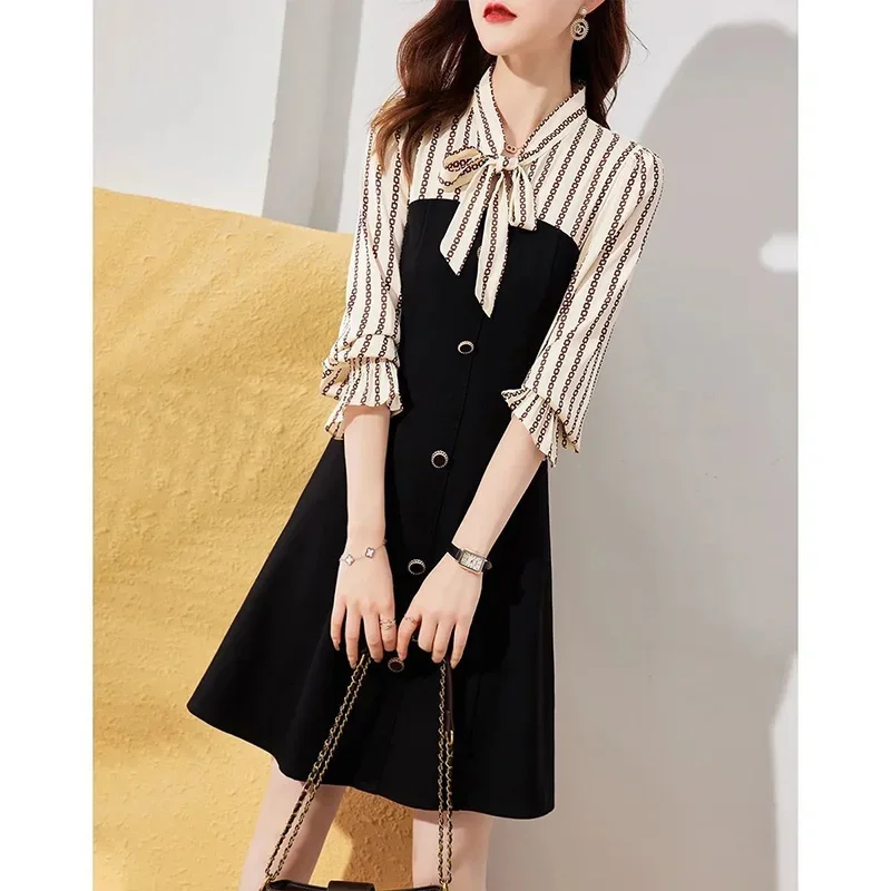 Women\'s Clothing Fashion Button Bow Elegant Dress Spring Autumn Office Lady Spliced Slim Knee-Length Dress