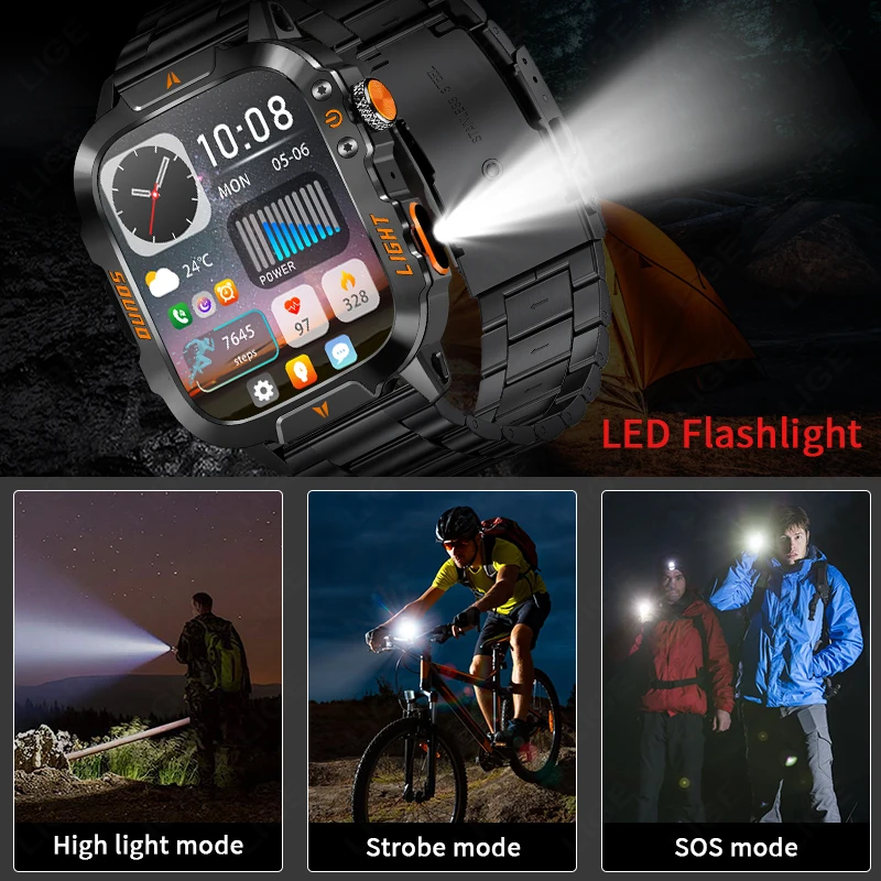 LIGE New Military Smart Watch Men Waterproof Outdoor Sports Tracker LED Flashlight Bluetooth Call Men Smartwatch For Android iOS