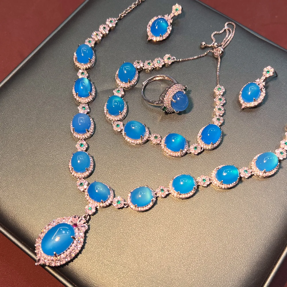 

High-end Chinese Sapphire Chalcedony Bracelet Ring, Blue Stud Earrings, Pink Necklace, Retro Court Copper Silver-plated Jewelry