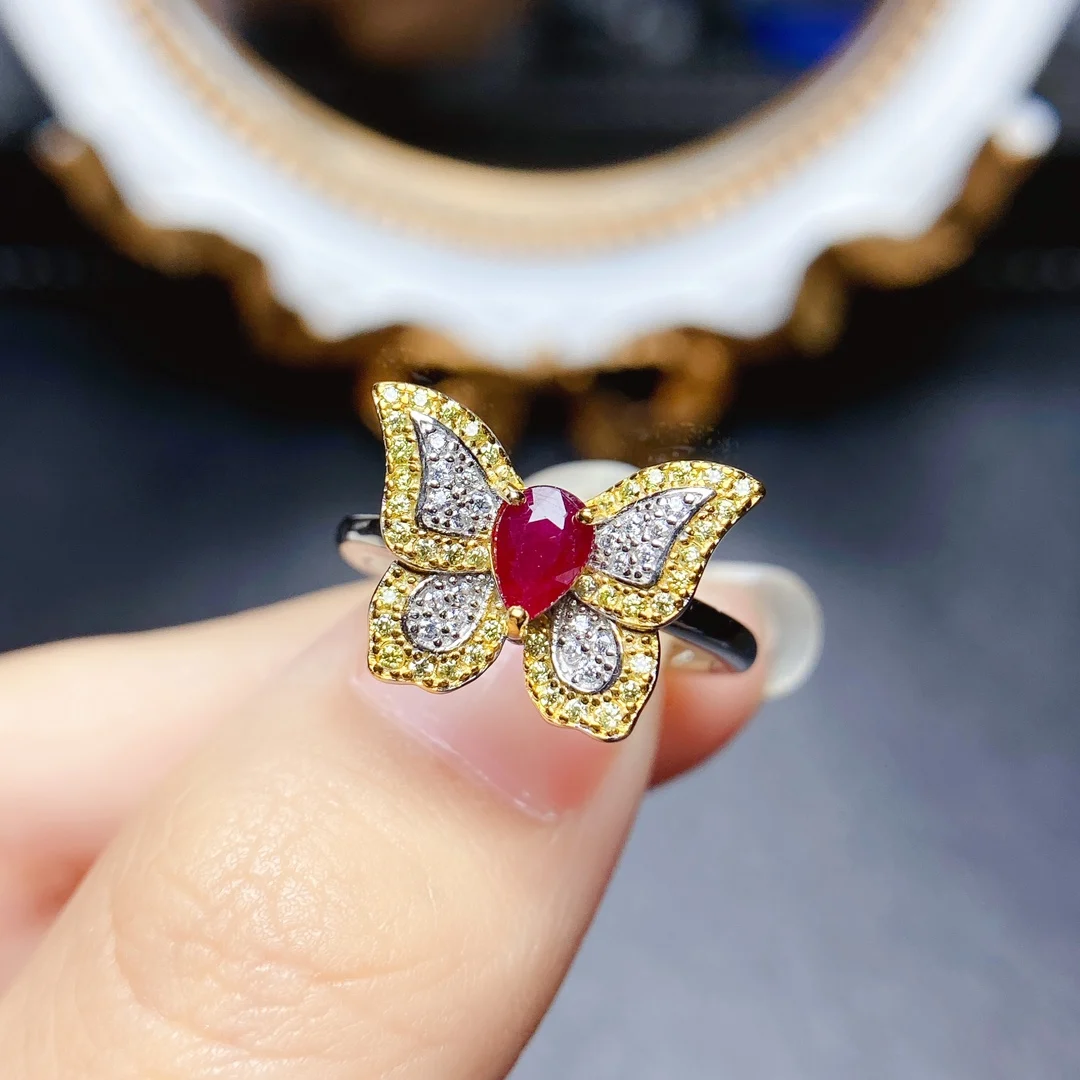 FS Real S925 Sterling Silver Inlay 4*6 Natural Ruby Butterfly Ring for Women Charm Fine Fashion Weddings Jewelry MeiBaPJ