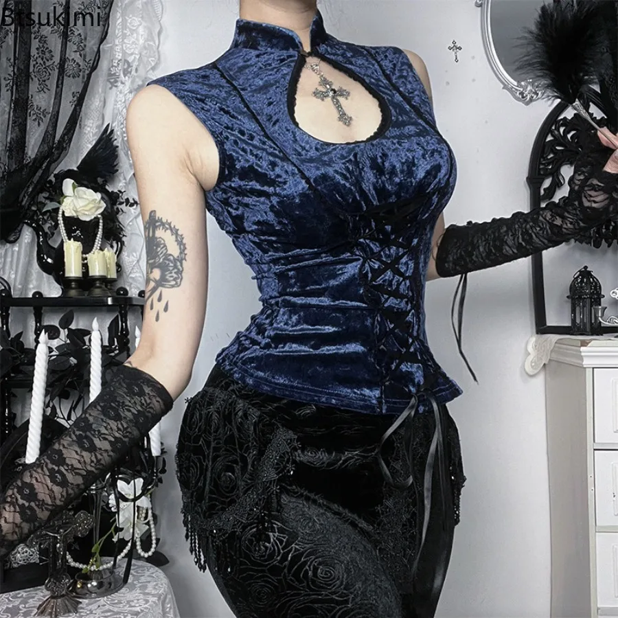 Women Gothic Velvet Corset Top High Neck Hollow Cross Pendant Vintage Dark Style Sleeveless Lace Up Slim Fit Party Crop Tank Top